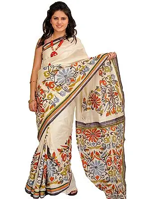 Ivory Sari from Kolkata with Printed Flowers and Kantha Embroidery By Hand