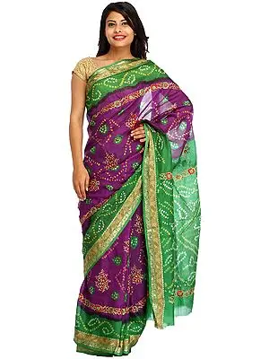 Purple and Green Bandhani Tie-Dye Marwari Sari from Jodhpur with Floral Embroidery