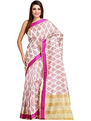 Cream and Pink Sari from Bengal with Printed Leaves and Striped Aanchal