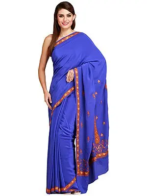 Dazzling-Blue Plain Kashmiri Sari with Needle Hand-Embroidered Paisleys on Pallu
