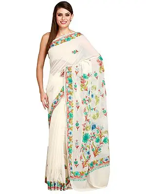 Ivory Kashmiri Sari with Aari-Embroidered Flowers