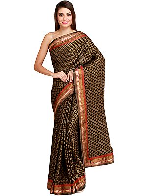 Caviar-Black Wedding Sari with All-Over Zari Woven Bootis and Paisleys Patch Border