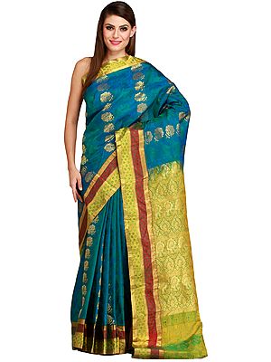 Mosaic-Blue Sari from Bangalore with Zari-Woven Flowers and Brocaded Pallu