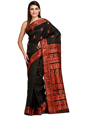 Black and Orange Baluchari Sari from Kolkata Depicting Hindu Mythological Episodes