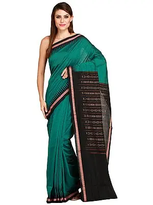 Green and Black Handloom Sari from Sambhalpur with Temple Border and Ikat Weave on Pallu