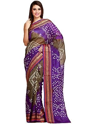 Purple and Olive Double-Shaded Bandhani Tie-Dye Sari from Jodhpur with Woven Border