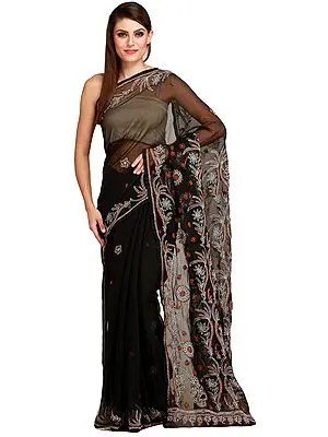 Jet-Black Lukhnavi Chikan Sari with Floral-Embroidery by Hand