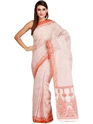 White and Brown Sari with All-Over Printed Bootis and Paisleys on Pallu