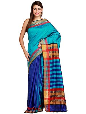 Caribbean-Sea and Blue Kosa Sari from Bengal with Woven Stripes on Pallu