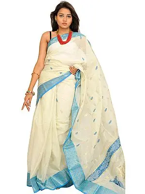 Ivory and Blue Purbasthali Sari from Bengal with Floral Woven Border and Bootis
