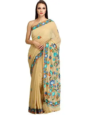 Oyster-White Aari Embroidered Sari from Kashmir
