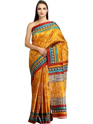 Sunflower Sari from Bengal with Printed Warli Folk Motifs and Striped Border