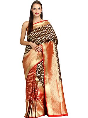 Wedding Half and Half Banarasi Sari with Zigzag Weave in Zari-Thread and Brocaded Pallu