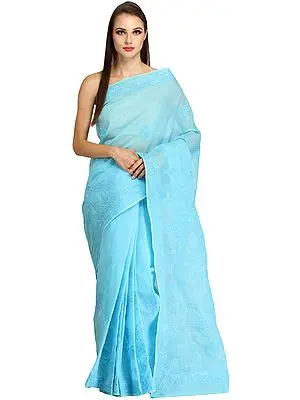 Plum-Blue Lukhnavi Chikan Sari with Hand-Embroidered Paisleys