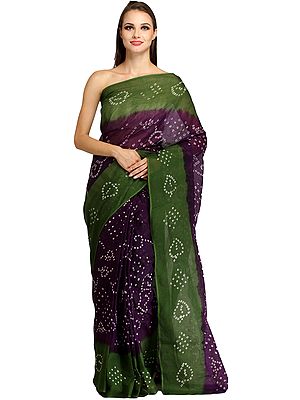 Dark-Purple and Green Bandhani Tie-Dye Sari from Jodhpur