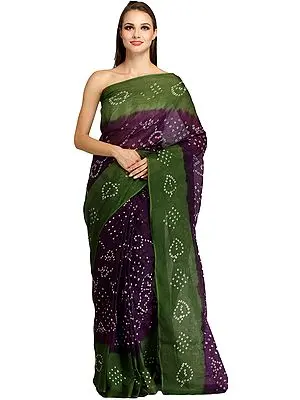 Dark-Purple and Green Bandhani Tie-Dye Sari from Jodhpur