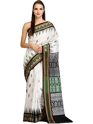 White and Green Handloom Sari from Sambhalpur with Ikat Temple Border and Floral Motifs on Pallu