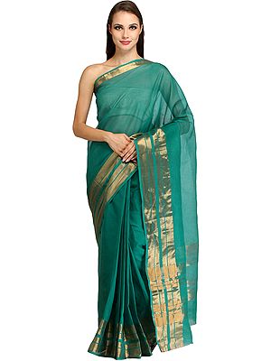 Tropical-Green Plain Upada Sari from Andhra Pradesh with Zari Weave on Border