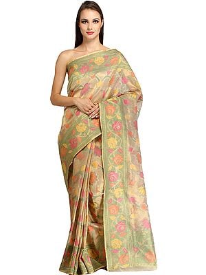 Wedding Tissue Sari from Banaras with All-Over Woven Flowers