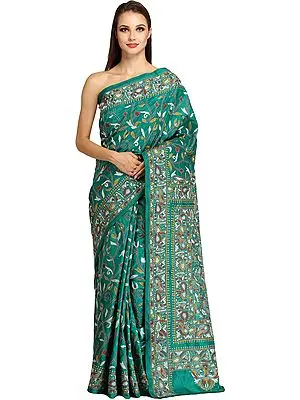 Parasailing-Green Kantha Sari from Kolkata with Dense-Embroidery by Hand