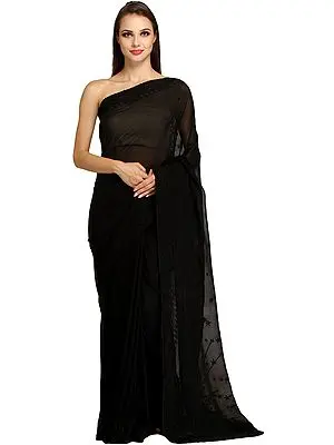 Jet-Black Lukhnavi Chikan Sari with Floral Hand-Embroidery on Pallu