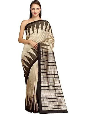 Oatmeal-Gray Handloom Ikat Sari from Sambhalpur with Woven Temple Border