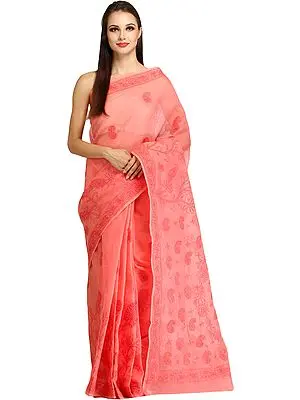 Candlelight-Peach Sari from Lucknow with Chikan Hand-Embroidered Paisleys