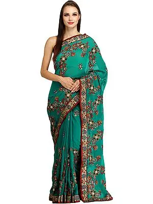 Parasailing-Green Designer Wedding Sari with All-Over Floral Embroidery and Bead-work