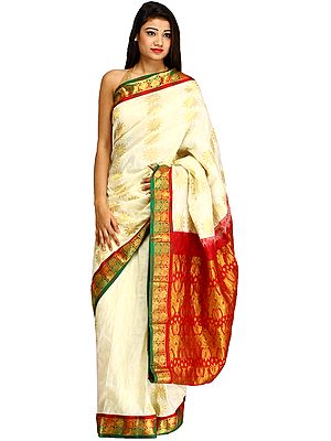 Ivory and Maroon Self-Weave Sari from Bangalore with Zari-Woven Flowers and Brocaded Pallu