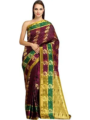 Dark-Purple and Golden Self Weave Saree from Bangalore with Zari-Woven Flowers and Brocaded Pallu