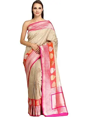 Sandshell and Pink Sari from Banaras with Zari-Woven Trees on Border and Brocaded Pallu