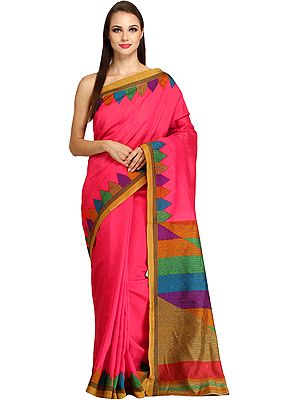 Paradise-Pink Printed Sari from Bengal with Temple Border and Striped Pallu
