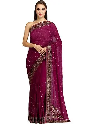 Purple-Potion Designer Wedding Sari with Embroidered-Beads