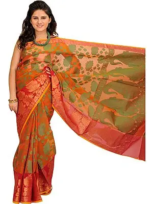Rust-Brown Banarasi Sari with Woven Flowers and Giant Paisleys on Pallu