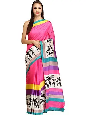 Azalea-Pink Bhagalpuri Sari with Printed Warli Folk Motifs