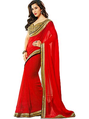 Tomato-Red Wedding Sari with Golden Patch Border and Sequins