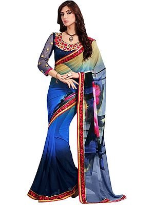 Multicolored Floral Printed Saree with Embroidered Patch Border