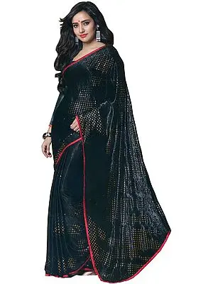 Jet-Black Self Weave Sari with Golden Print and Narrow Patch Border