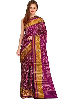 Imperial-Purple Handloom Paan-Patola Sari from Patan with Ikat Weave