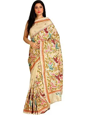 Almond-Oil Sari from Kolkata with Kantha Hand-Embroidered Birds