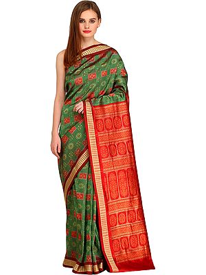 Green and Red Bomkai Handloom Sari from Orissa with Woven Floral Motifs