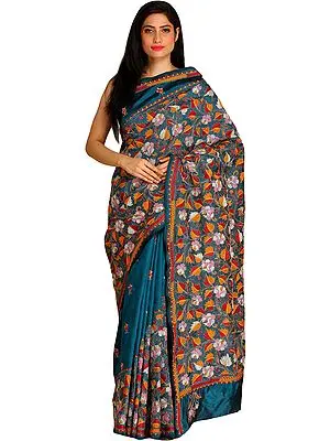 Celestial-Blue Kantha Sari from Kolkata with Embroidered Leaves by Hand