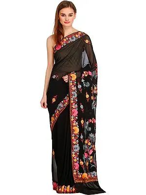 Jet-Black Kashmiri Sari with Aari-Embroidered Flowers