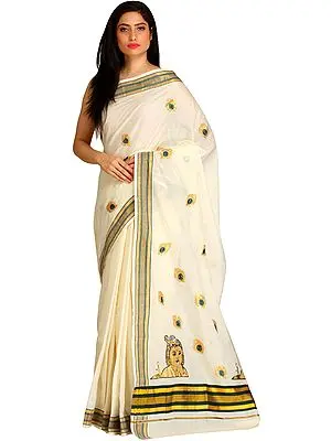 Off-White Kasavu Sari from Kerala with Embroidered Little Krishna on Pallu and Sequined Peacock Feathers