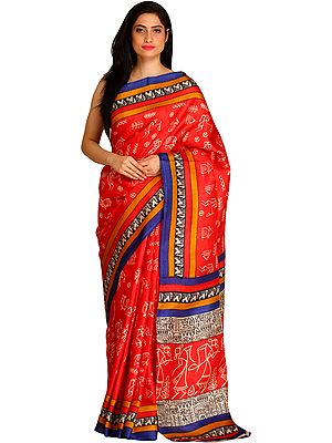 Rococco-Red Sari from Bengal with Printed Warli Folk Motifs and Striped Border