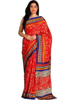 Rococco-Red Sari from Bengal with Printed Warli Folk Motifs and Striped Border