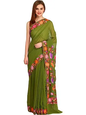 Epsom-Green Kashmiri Sari with Aari Floral-Embroidery