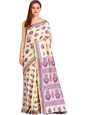 Cream and Purple Sari from Assam with Woven Large Bootis