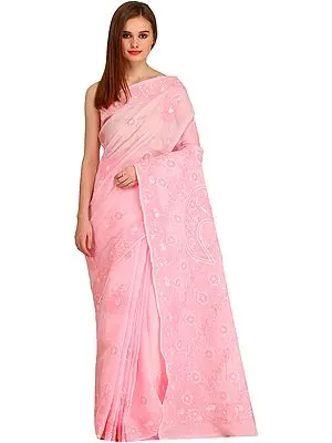 Orchid-Pink Sari from Lucknow with Chikan Hand-Embroidered Flowers and Giant Paisley on Pallu