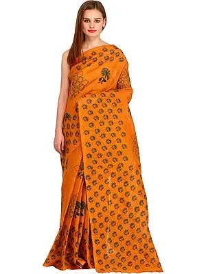Golden-Oak Floral Block-Printed Sari